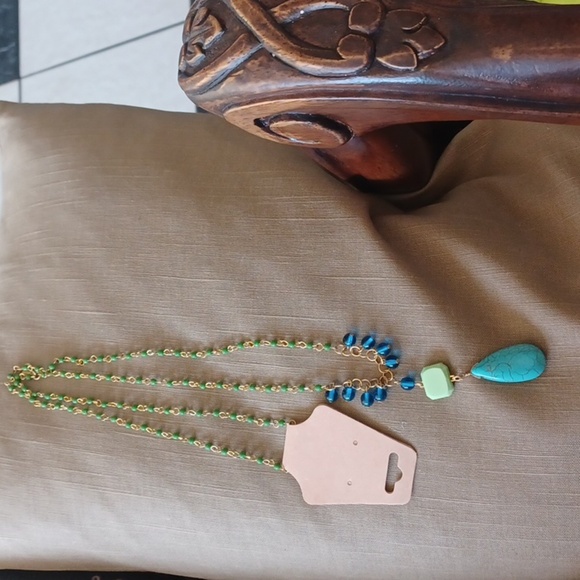 David Aubrey Stones Statement Necklace, Turquoise/green/gold, 17" Drop - Picture 1 of 3